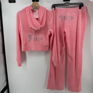 $199 Juicy Couture Large OG Bling Flamingo Pink Velour Tracksuit Set Hoodie Pant